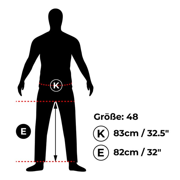 Größenangaben für Hosen: Bundweite 83 cm, Innenbeinlänge 82 cm