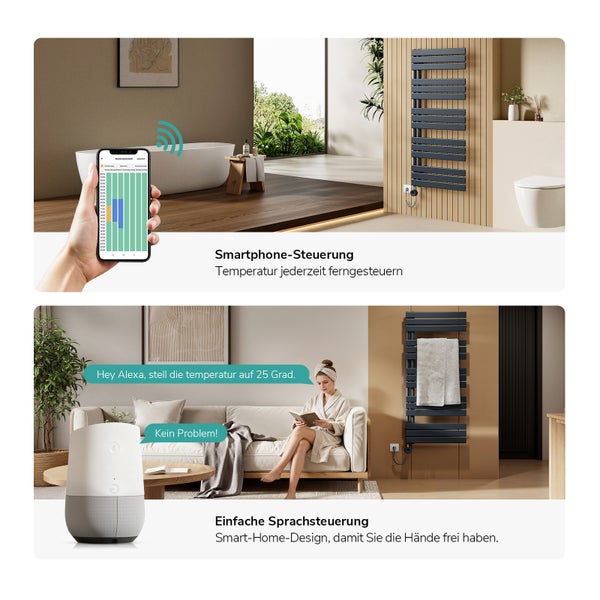 Szenen von Heizkörpern mit Smartphone- und Sprachsteuerung im modernen Badezimmer und Wohnzimmer.