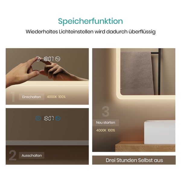 EMKE Smart LED Badspiegel 80x60 cm, 3 Farbtemperaturen, dimmbar, Touch, Anti-Beschlag, 3x Vergrößerung, Bluetooth 3-Tasten, horizontal, IP44, für Bad