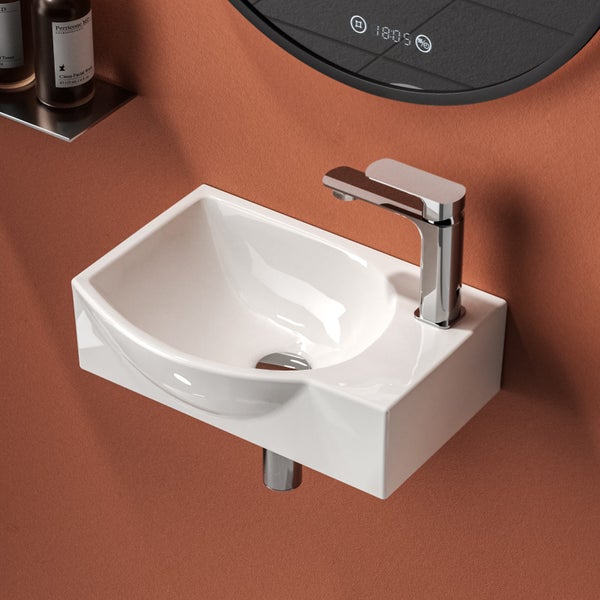 EMKE Handwaschbecken 405 x 280 mm, asymmetrisch, Keramik, mit Hahnloch rechts, glänzend weiß, kompaktes Hängewaschbecken für Gäste-WC, Höhe 140 mm, zur Wandmontage