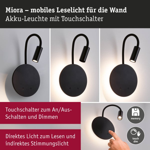 Miora mobile Wandleuchte mit Akku und Touchschalter