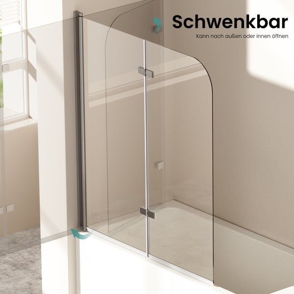 Schwenkbarer zweiteiliger Badewannenaufsatz aus Glas, der nach innen und außen geöffnet werden kann, mit abgerundeter Oberkante.