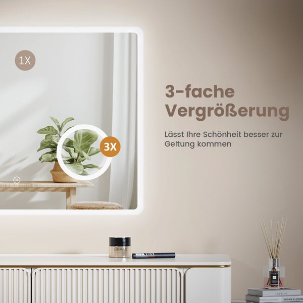 EMKE Badspiegel mit Beleuchtung 120 x 60 cm, Kaltweiß, Touch-Schalter, dimmbare Helligkeit, 3x Vergrößerung, rostfreier Spiegel, IP44, für Bad
