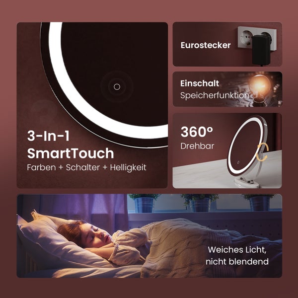 EMKE LED-Kosmetikspiegel Tischspiegel Ø48 cm, dimmbar, Touchschalter, 3 Lichtfarben, mit Memory-Funktion, 360° drehbar, IP20, Weiß, für Schlafzimmer