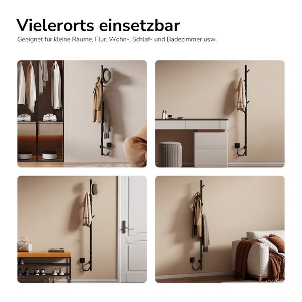 Anwendungsbeispiele für eine schwarze Kleiderstange in verschiedenen Räumen.