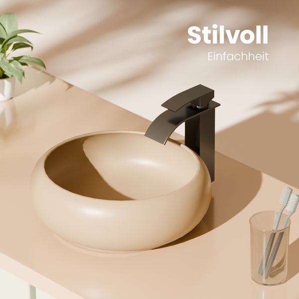 EMKE Aufsatzwaschbecken Ø36 cm, Keramik, Beige matt, Rund, Design Waschbecken für Bad & Gäste-WC, Pflegeleicht, Feuchtigkeitsbeständig, Höhe 12 cm