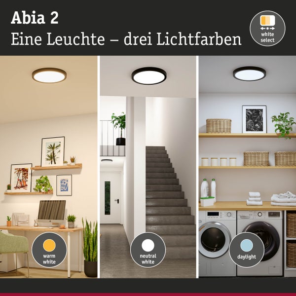 Abia 2 Deckenleuchte mit drei Lichtfarben in verschiedenen Wohnbereichen dargestellt