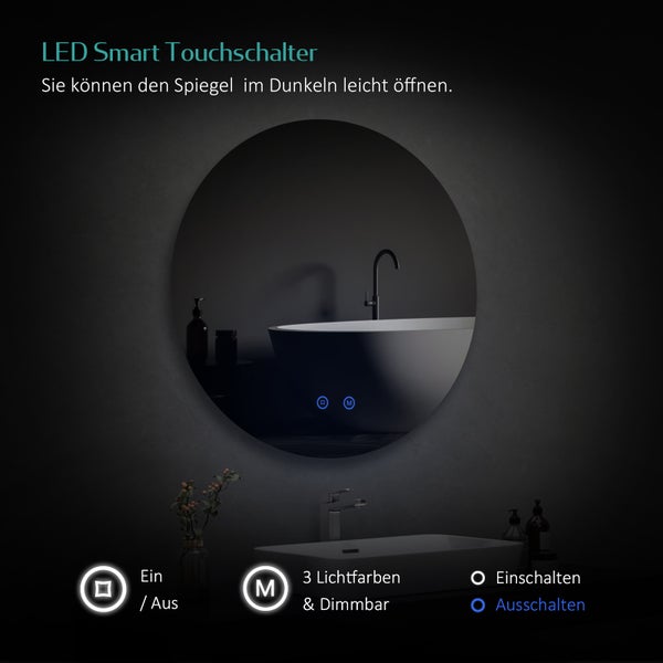 EMKE Badspiegel mit Beleuchtung ф70cm, LED-Spiegel mit Touchschalter, rund, Anti-Beschlag, Kaltweiß