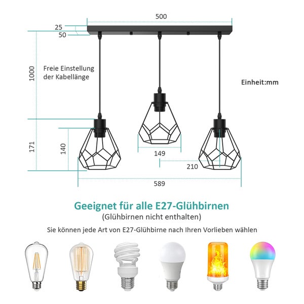 EMKE Retro Pendelleuchte Industrial 3-flammig, Metall Deckenlampe mit geometrischem Design, höhenverstellbar, E27 Fassung (ohne Leuchtmittel), ideal für Wohnzimmer