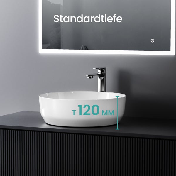 Aufsatzwaschbecken mit einer Höhe von 120 Millimeter auf einem Waschtischunterschrank.