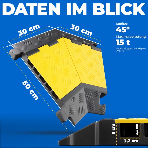 5 Kanal Ecke 45° Kabelbrücke mit Deckel überfahrbar Stolperschutz Rampe Brücke Protektor | 15 t Tragkraft | Gummi