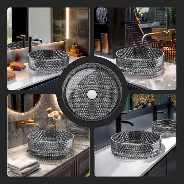 Collage eines runden Aufsatzwaschbeckens mit Kristallmuster im Badezimmer