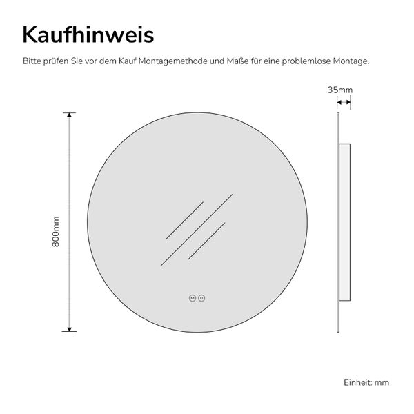 Technische Zeichnung eines runden Spiegels mit einem Durchmesser von 800 Millimetern und einer Tiefe von 35 Millimetern sowie Kaufhinweisen.