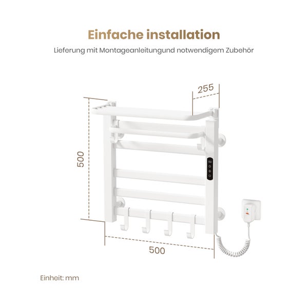 Maßzeichnung eines weißen, elektrischen Handtuchwärmers mit den Maßen 500 x 500 x 255 mm.