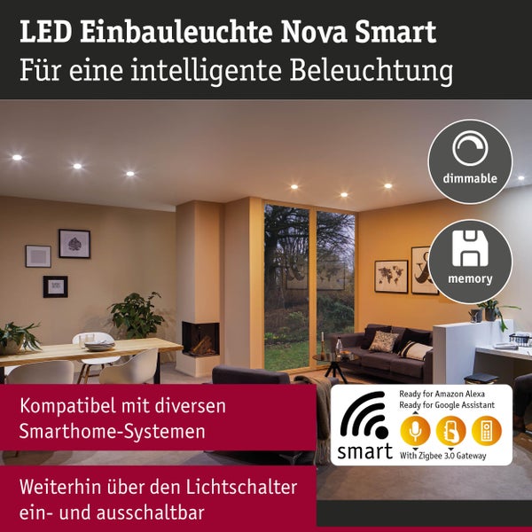 LED Einbaustrahler Nova Smart in einem Wohnraum mit der Kennzeichnung dimmbar, Memory Funktion, kompatibel mit Amazon Alexa und Google Assistant, Zigbee 3.0 Gateway
