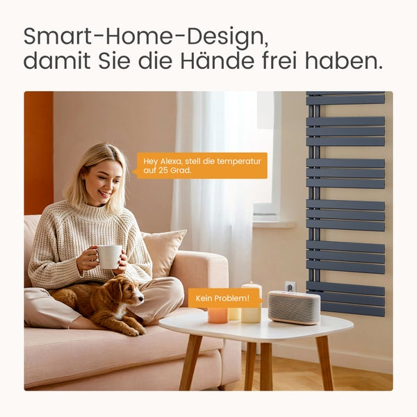 Szene eines Smart-Home-Designs mit Heizkörper, Lautsprecher, Frau mit Hund auf einem Sofa und dem Text: Hey Alexa, stell die temperatur auf 25 Grad.