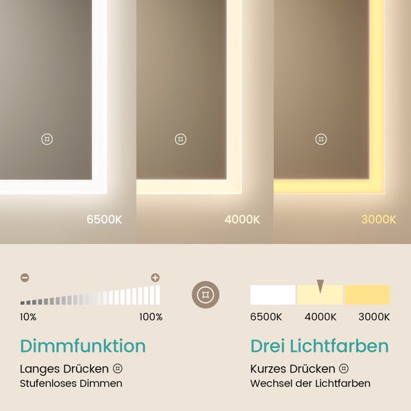 EMKE LED Badspiegel 80 x 60 cm mit Beleuchtung, Lichtspiegel mit 3 Lichtfarben einstellbar, Kippschalter, Anti-Beschlag Badezimmerspiegel
