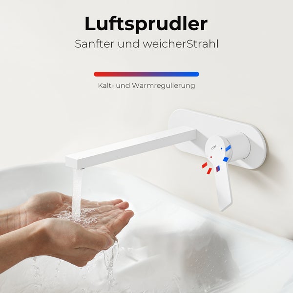 EMKE Wasserhahn Bad Unterputz, Waschtischarmatur Unterputz aus Kupfer, 2-Loch Wandarmatur, Weiß, 288×210×70 mm, für Badezimmer Waschbecken