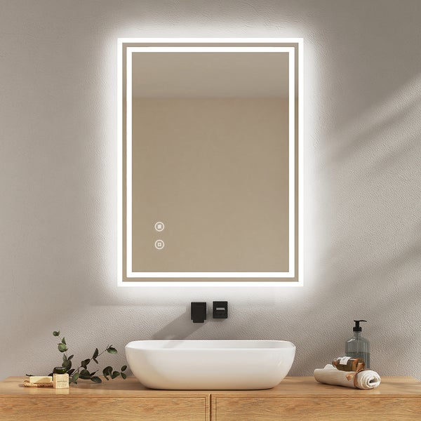 EMKE Badspiegel mit LED-Beleuchtung 80 x 60 cm, Kaltweiß 6500K, Touchschalter & Beschlagfrei, dimmbar, IP44, für Bad