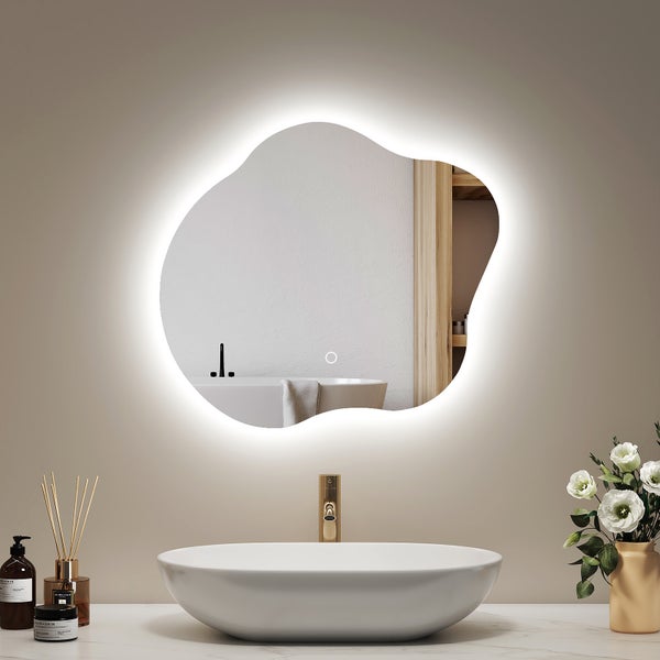 EMKE LED Badspiegel 50 x 45 cm, asymmetrisches Design, Hintergrundbeleuchtung, 3 Farbtemperaturen, dimmbar, Anti-Beschlag, rostfreier Spiegel, flexibel montierbar, IP44, für Badezimmer & Schlafzimmer geeignet