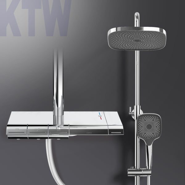 EMKE Duschsystem mit Thermostat Duschset Duschsäuleset mit Brausestange, Handbrause mit 3 Strahlstärken, Regendusche, Chrom