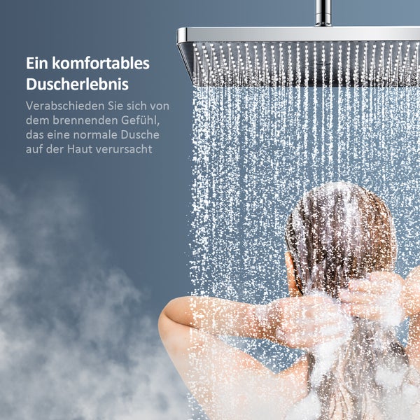 EMKE Duschsystem mit Thermostat 38 °C, 3 Strahlart(en), Überkopfbrause, Handbrause mit 3 Funktionen, unterer Wasserauslass, Verbrühungsschutz, Wandmontage, 114,6 × 45 × 48 cm, Chrom