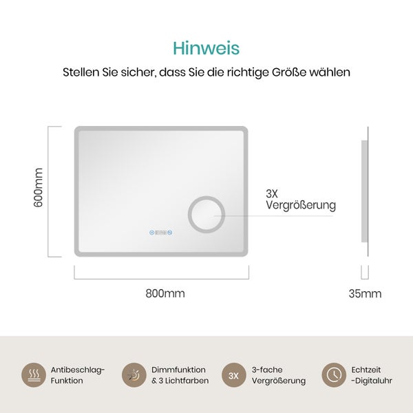 Abmessungen Spiegel mit Antibeschlagfunktion, Dimmfunktion, dreifacher Vergrößerung und Digitaluhr