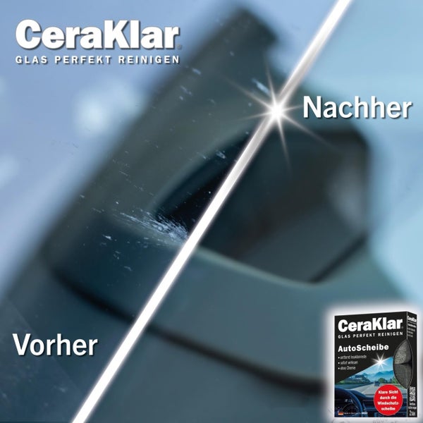 Vorher-Nachher-Vergleich einer verschmutzten und einer mit CeraKlar gereinigten Autoscheibe.