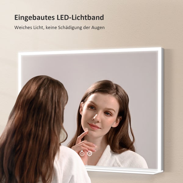 EMKE LED Badspiegel mit Ablage 80x60 cm, Kaltweiß, dimmbar, Touch-Schalter, Anti-Beschlag, mattierte Kanten, IP44, für Badezimmer geeignet