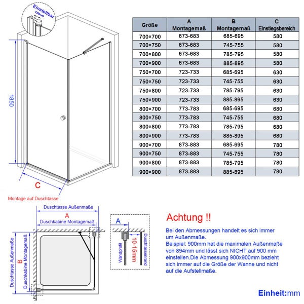 EMKE Duschkabine Eckeinstieg 75 x 75 cm Pendeltür mit Drehtür & Seitenwand, 6 mm ESG Sicherheitsglas, teilgerahmt, pflegeleicht, Höhe: 195 cm