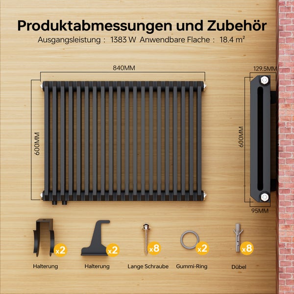 EMKE Badheizkörper D-Profil 600x840 mm, Doppellagig, horizontal montierbar, mit Mittelanschluss, 1383 W, Anthrazit, EN442, kleiner Heizkörper für Badezimmer