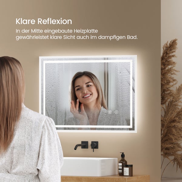 EMKE Badspiegel mit LED-Beleuchtung 80 x 60 cm, Kaltweiß 6500K, Touchschalter & Beschlagfrei, dimmbar, IP44, für Bad