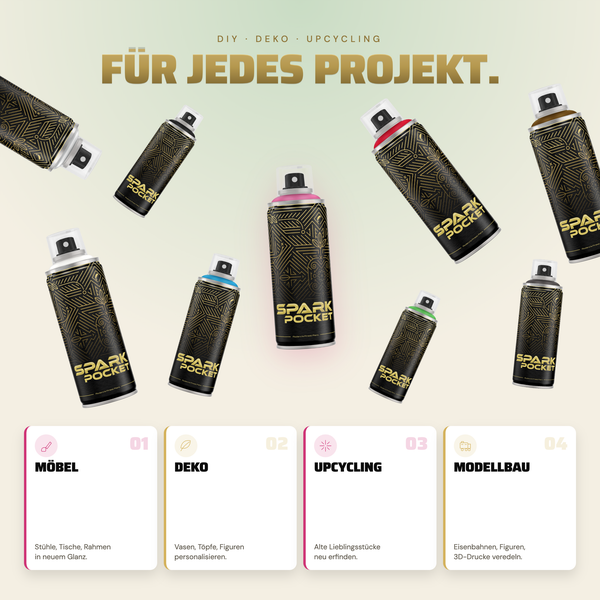 Verschiedene Spark Pocket Sprühdosen für DIY, Dekoration und Upcycling Projekte mit Infografik zu Anwendungen wie Möbel, Deko und Modellbau.