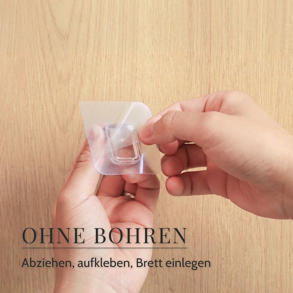 Selbstklebender Halter für Regalböden ohne Bohren, Montage durch Abziehen der Schutzfolie und Aufkleben auf die Oberfläche.