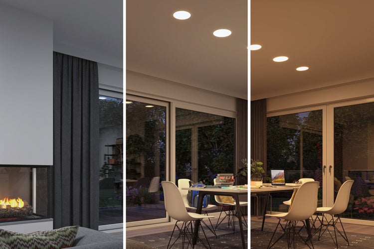 Moderne Wohn- und Esszimmer-Szene mit runden LED-Einbauleuchten an der Decke in drei verschiedenen Farbtemperaturen.