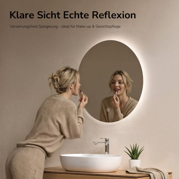 Runder LED Badezimmerspiegel mit integrierter Beleuchtung über einem Waschbecken in einer modernen Badezimmerumgebung