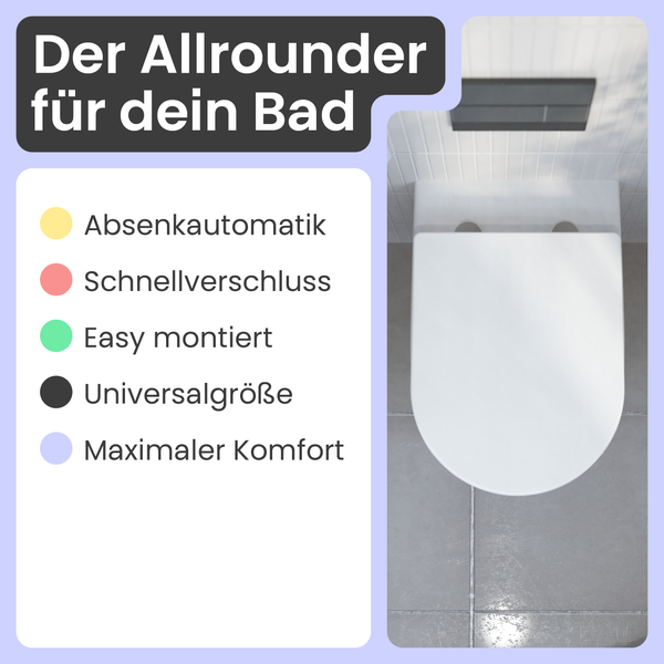WC-Sitz mit Absenkautomatik, Schnellverschluss, einfacher Montage und Universalgröße für das Badezimmer.