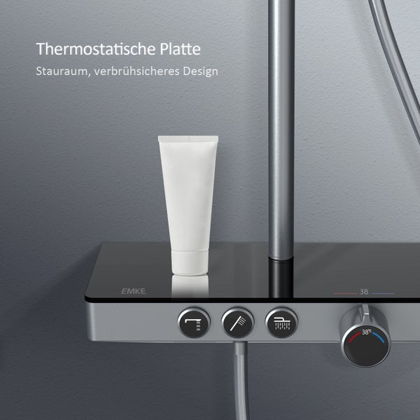 EMKE Duschsäule inkl. Thermostat, Duschsystem Regendusche 30cm, 3 Strahlarten, Duschstange mit Gleitstück, Eckig, Matt Anthrazit