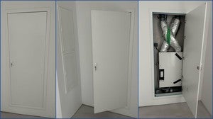 Drei Ansichten einer Revisionsklappe in einer Wand, geschlossen und geöffnet, zur Inspektion von Installationen