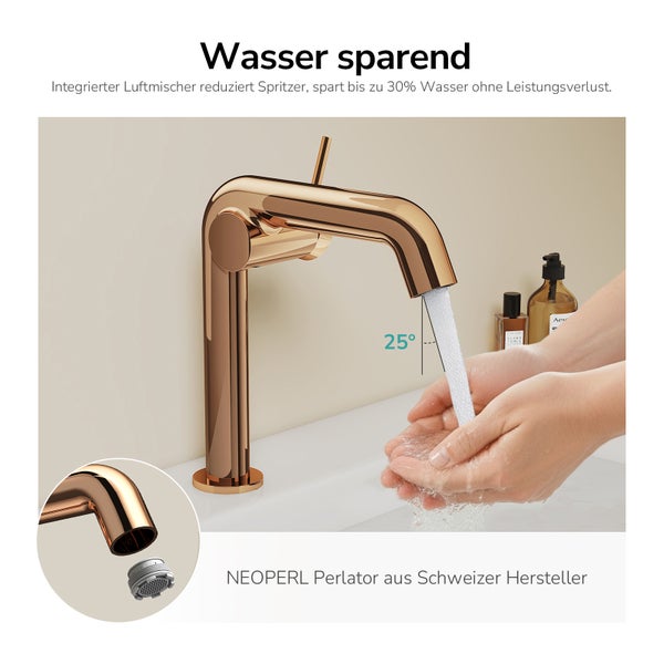 Wasserhahn mit Wasserstrahl und Detailansicht des Neoperl Perlatators