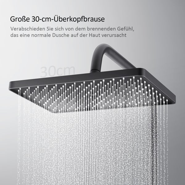 EMKE Duschsystem mit Thermostat, Handbrause mit 3 Strahlstärken, Wasserfall-Auslauf, Duschsäuleset Duschgarnitur mit glasablage, KTW Zertifizieren, Anthrazit Matt