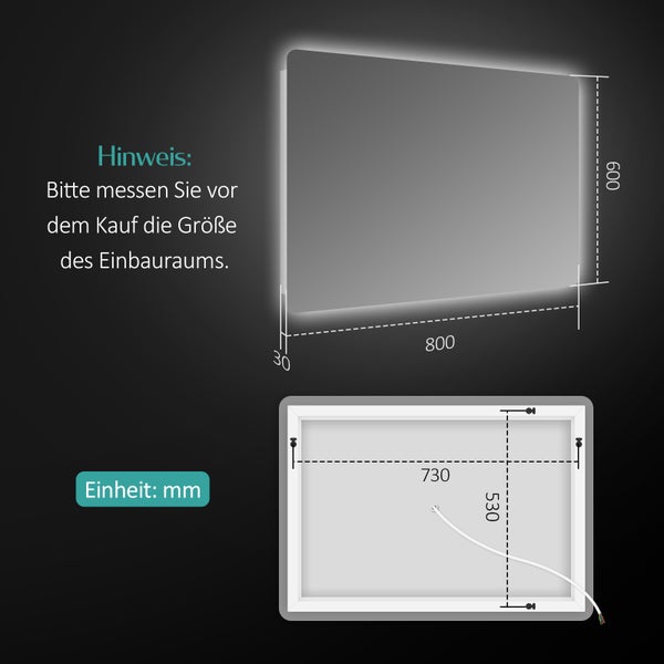 EMKE Badspiegel mit Beleuchtung 80 x 60 cm, Kaltweiß, rostfreier Spiegel, IP44, horizontal & vertikal montierbar, für Bad geeignet