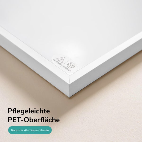 Infrarotheizung mit PET Oberfläche und Aluminiumrahmen sowie Warnhinweisen für Handhabung und Abdeckung.