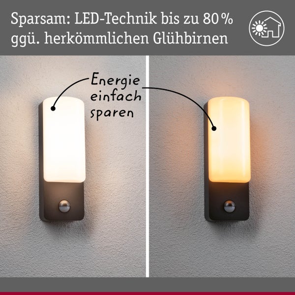 LED Außenwandleuchte Bonnie Dämmerungsgesteuerter Bewegungsmelder (IR) insektenfreundlich und seewasserresistent IP44 93x77mm 2200 - 3000K 8,5W 560lm 230V Anthrazit Aluminium