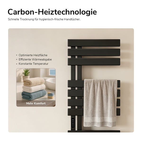 Schwarzer Handtuchheizkörper mit Carbon-Heiztechnologie für schnelle Trocknung, digitaler Anzeige von 55 Grad und effizienter Wärmeabgabe.