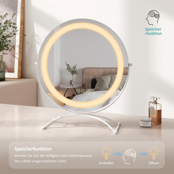 EMKE Kosmetikspiegel mit Beleuchtung ф40cm, Tisch-Standspiegel, 3 dimmbare Lichtfarben, Touchsteuerung, 360° drehbar, 4mm HD-Spiegelfläche mit matter Kante, für Schlafzimmer, Weiß