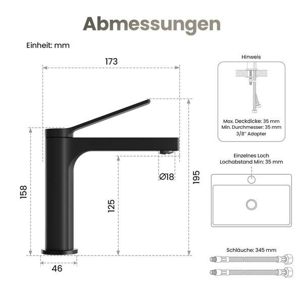 EMKE Einhebel-Waschtischarmatur, Badarmaturen, Schweizer Design, G3/8， Wassersparend, Bleifreies Messing, Korrosionsschutz, Pflegeleicht, Schwarz matt