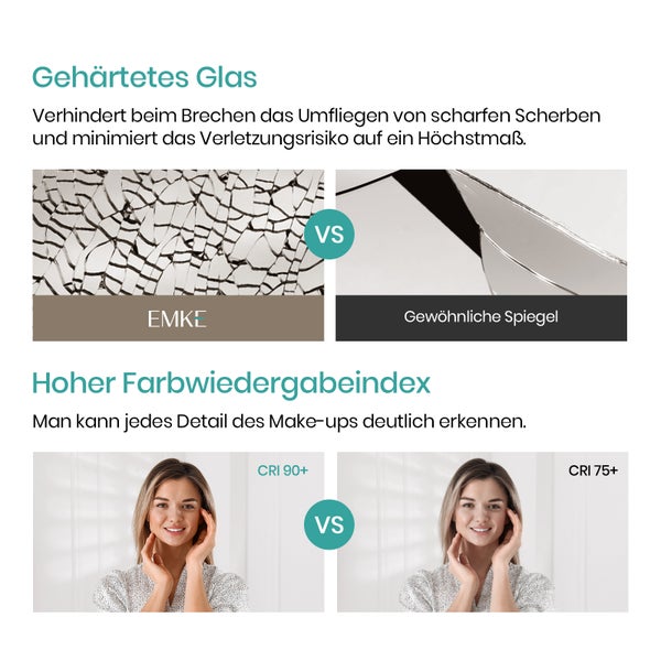 EMKE Badspiegel mit Beleuchtung 100x60 cm, Warmweiß, 28 W, rostfreier Spiegel, Aluminiumrahmen Weiß, flexibel montierbar, IP44, für Bad