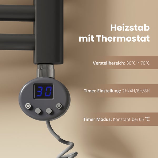 EMKE Elektrischer Badheizkörper 750×600 mm, 300 W, Runder Handtuchwärmer mit Heizstab & Thermostat, Temperaturregelbar & Timer, für Badezimmer, Anthrazit