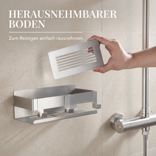 Duschablage aus Metall mit herausnehmbarem Boden zur leichten Reinigung in einem Badezimmer montiert